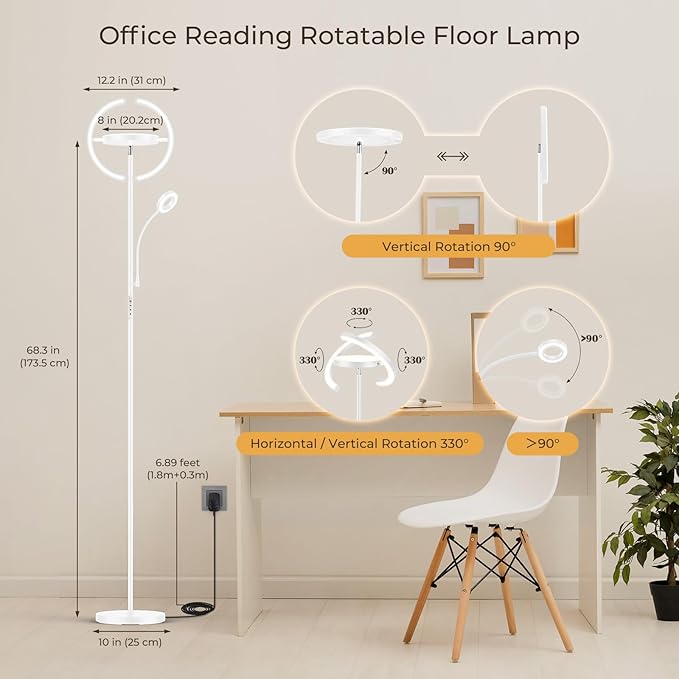 FIMEI 3 in 1 Floor Lamp, Modern Bright Standing Lamp with Split Rotatable Outer Ring Light and Small Reading Light, 4 Color and Dimmable, 3-Way Independent Control for Living Room Office, White - LeafyLoom