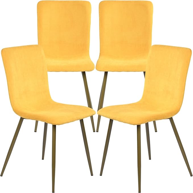 FurnitureR Dining Chairs Upholstered Set of 4, Terry Fabric Accent Side Chair Armless Mid-Back with Metal Legs for Living Room Kitchen Dining Room, Yellow - LeafyLoom