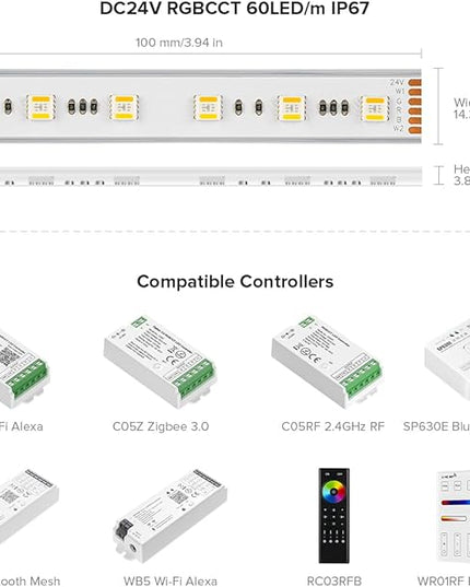 BTF-LIGHTING RGBCCT 5 Colors in 1 LED 5050SMD RGBWW RGB+Dimmable Tunable Color Temperature 2700K-6500K 16.4ft 60LEDs/m 300LEDs DC24V Multi-Colored Tape Lights IP67 White PCB(No Adapter or Controller) BTF-LIGHTING