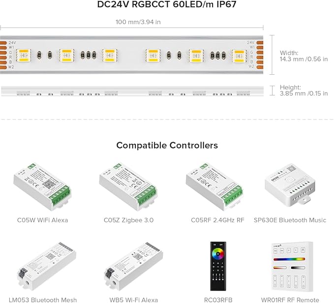BTF-LIGHTING RGBCCT 5 Colors in 1 LED 5050SMD RGBWW RGB+Dimmable Tunable Color Temperature 2700K-6500K 16.4ft 60LEDs/m 300LEDs DC24V Multi-Colored Tape Lights IP67 White PCB(No Adapter or Controller) BTF-LIGHTING