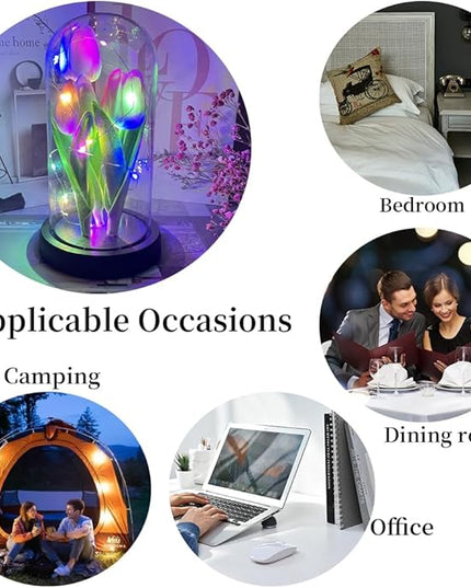 LED Tulip Lamp Artificial Flower Night Light Handmade Light up Tulips in Glass Dome Table Lamp Ornaments Desktop Decor - Battery Operated (Pink-Colour light) - LeafyLoom