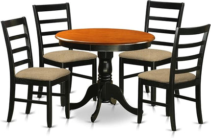 East West Furniture ANPF5-BLK-C 5 Piece Kitchen Set Includes a Round Dining Room Table with Pedestal and 4 Linen Fabric Upholstered Chairs, 36x36 Inch - LeafyLoom