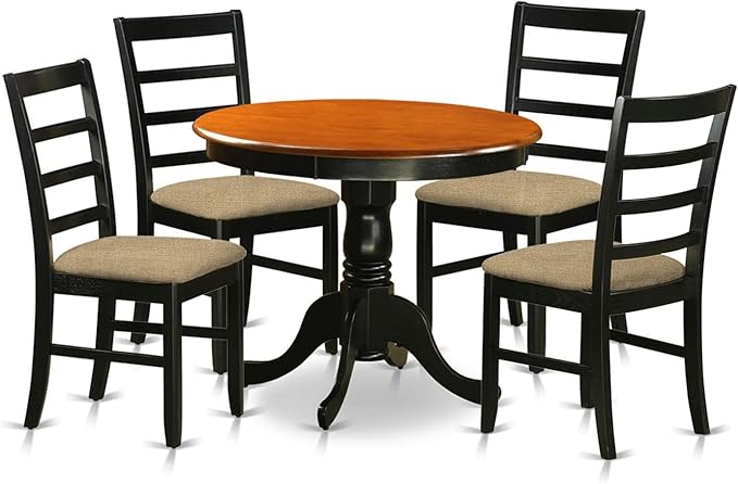 East West Furniture ANPF5-BLK-C 5 Piece Kitchen Set Includes a Round Dining Room Table with Pedestal and 4 Linen Fabric Upholstered Chairs, 36x36 Inch - LeafyLoom