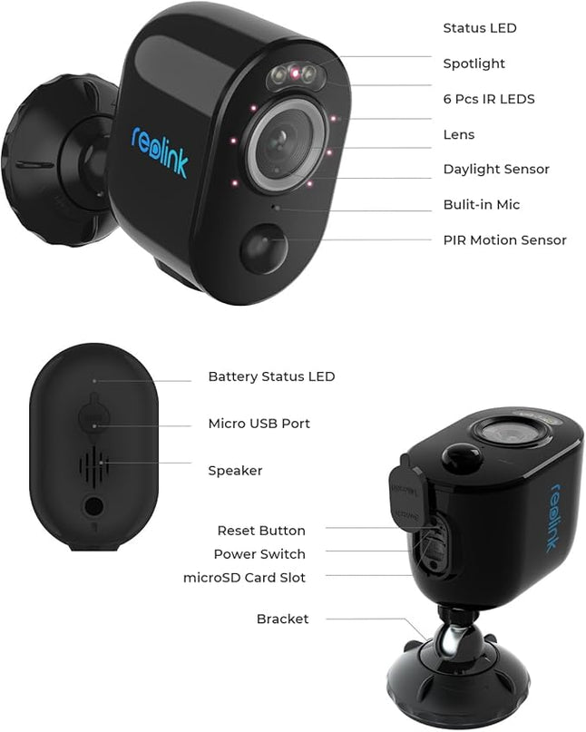 REOLINK 5MP Solar Security Cameras Outdoor Wireless, Spotlight Color Night Vision, 2.4G/5Ghz WiFi Home Surveillance, Solar/Battery Powered, Human/Car Detection, Local Recording, Argus 3 Pro Kit Black REOLINK