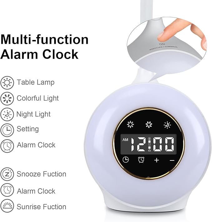 Desk Lamp with Alarm Clock, Sunrise Alarm Clock for Bedrooms,Digital Clock with Colourful Light, Cool Stuff Alarm Clocks for Kids - LeafyLoom