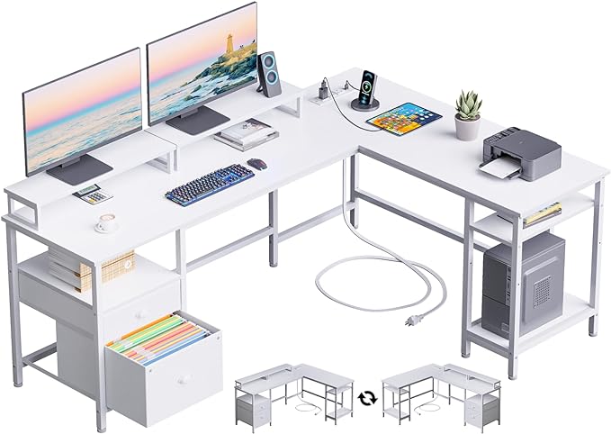 Furologee White 66” L Shaped Desk with Power Outlet, Reversible Computer Desk with File Drawer & 2 Monitor Stands, Home Office Desk with Storage Shelves, Corner Desk for Gaming Writing - LeafyLoom