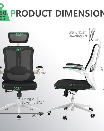 Office Chair 350LBS Capacity,Ergonomic Comfy Home Desk Chair,High Back Gaming Chair with Wheels, Mesh Computer Chair,Lumbar Support, Adjustable Headrest,Flip-up Armrest - LeafyLoom