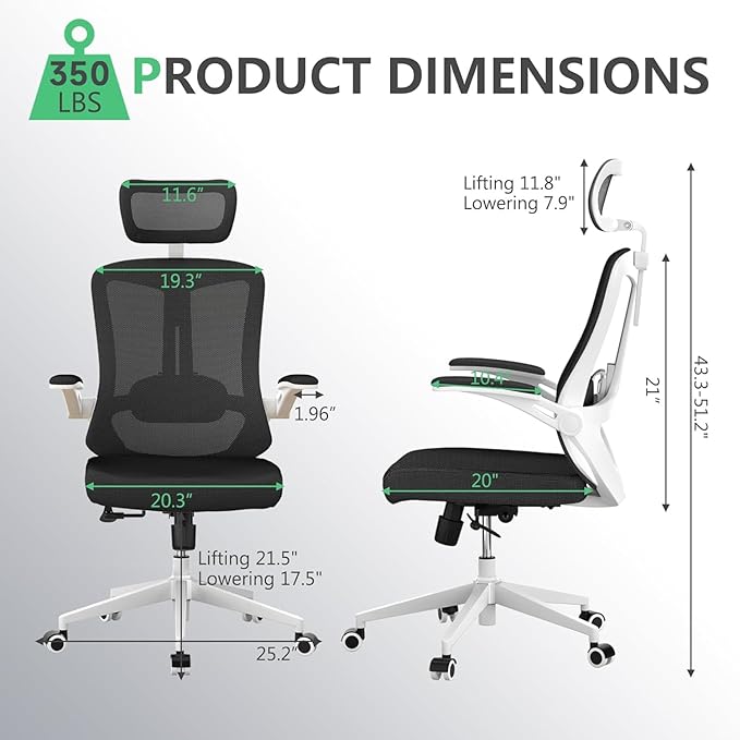 Office Chair 350LBS Capacity,Ergonomic Comfy Home Desk Chair,High Back Gaming Chair with Wheels, Mesh Computer Chair,Lumbar Support, Adjustable Headrest,Flip-up Armrest - LeafyLoom