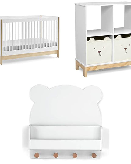 Delta Children babyGap Tate 4-in-1 Convertible Crib + Brannan Bear Bookcase with Bins + Brannan Bear Wall Shelf with 4 Hooks, Bianca White/Natural (Bundle) - LeafyLoom