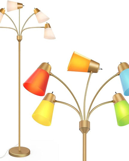 FOLKSMATE LED Floor Lamp, Medusa Multi Head Modern Tall Standing Lamps, Adjustable Corner Reading Floor Light for Living Room, Bedroom, Kids Room, White and Colored Lampshades, Brass Gold - LeafyLoom