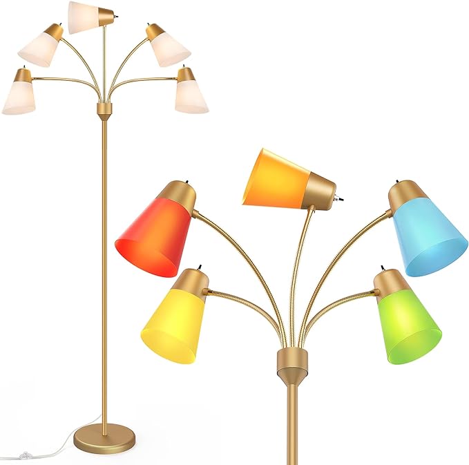 FOLKSMATE LED Floor Lamp, Medusa Multi Head Modern Tall Standing Lamps, Adjustable Corner Reading Floor Light for Living Room, Bedroom, Kids Room, White and Colored Lampshades, Brass Gold - LeafyLoom