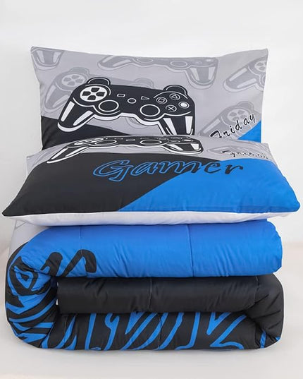 Feelyou Gaming Comforter for Boys Teen Video Game Bedding Set for Kids Gamer Comforter for All Season Gamepad Home Decor for Comforter Set Queen Size,1 Comforter with 2 Pillowcases Blue Black Grey - LeafyLoom