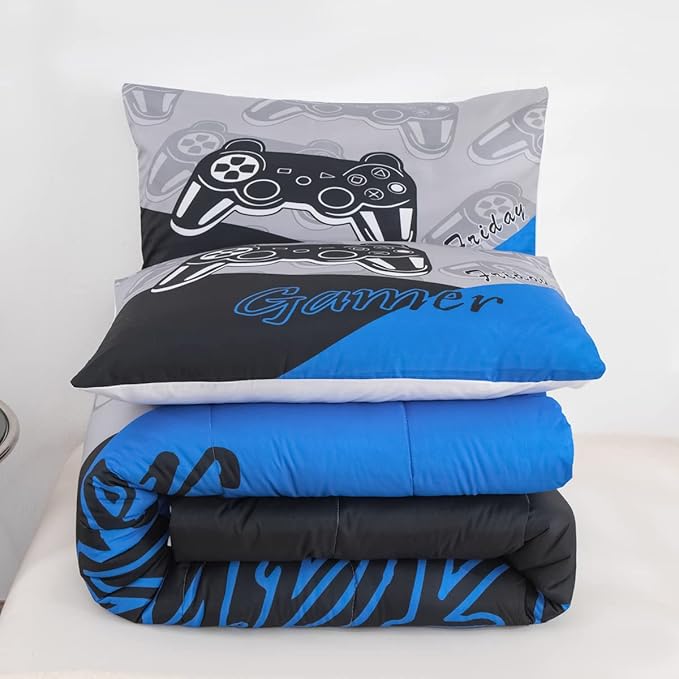 Feelyou Gaming Comforter for Boys Teen Video Game Bedding Set for Kids Gamer Comforter for All Season Gamepad Home Decor for Comforter Set Queen Size,1 Comforter with 2 Pillowcases Blue Black Grey - LeafyLoom