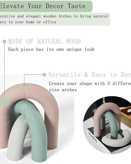 3Pcs wooden arch Decor Accents -Modern bohemian Minimalist Neutral home office Coffee table bookshelf living Room Entryway japandi Decorations Objects - LeafyLoom