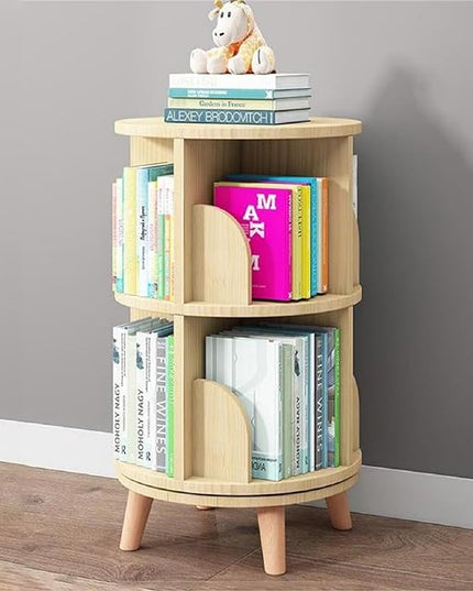 Gdrasuya10 2 Tier Rotating Bookshelf with Legs, Small Rotating Bookshelf Wood Revolving Bookcase Book Organizer Book Display Shelves Storage for Living Room Bedroom Study Room - LeafyLoom