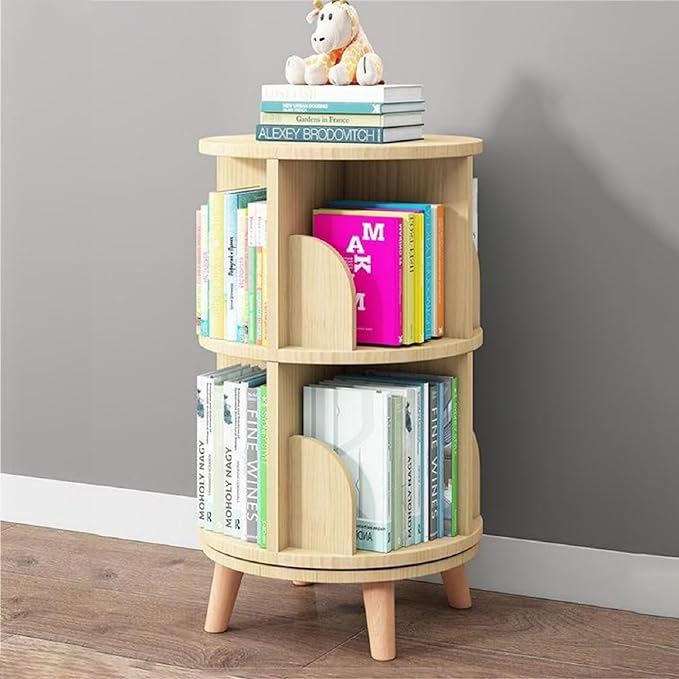 Gdrasuya10 2 Tier Rotating Bookshelf with Legs, Small Rotating Bookshelf Wood Revolving Bookcase Book Organizer Book Display Shelves Storage for Living Room Bedroom Study Room - LeafyLoom