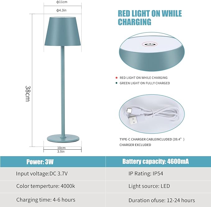 Cordless Table Lamps USB Rechargeable Simplicity Desk Lamp Built-in 4600 mAh Battery LED Battery Operated lamp with Touch Control Table lamp - Bedroom/Desk/Reading/Patio(2Pack-Light Blue) - LeafyLoom