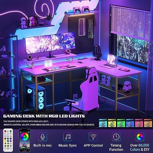 Unikito Reversible L Shaped Desk with Power Outlets and Smart LED Light, 55 Inch Computer Office Desk, Unique Grid Design, Corner Writing Gaming Table with Monitor Stand and Storage Shelf, White - LeafyLoom