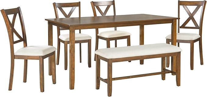 6 Piece Set Wooden Rectangular Dining Table, 4 Fabric Chairs, and Bench Family Furniture, for Playroom, Living Room, Home Bar, and Kitchen, Natural Cherry - LeafyLoom
