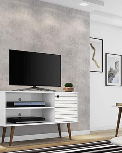 Manhattan Comfort Liberty Mid Century Modern TV Stand for Televisions up to 46 Inches, Bedroom and Living Room Entertainment Center with Storage, Shelves, and Cabinet, 43" Wide, White - LeafyLoom