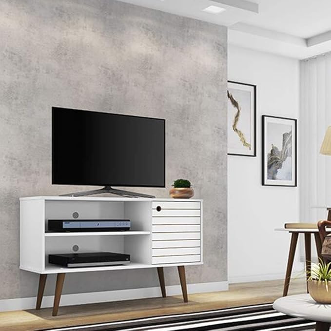 Manhattan Comfort Liberty Mid Century Modern TV Stand for Televisions up to 46 Inches, Bedroom and Living Room Entertainment Center with Storage, Shelves, and Cabinet, 43" Wide, White - LeafyLoom