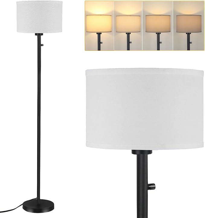 Floor Lamps for Living Room, Stepless Dimmable Standing Lamp, Modern Floor Lamp with Rotary Switch, White Linen Shade, 9W Led Bulb Included(1000LM,2700K), Tall Lamp for Bedroom, Office, Farmhouse - LeafyLoom