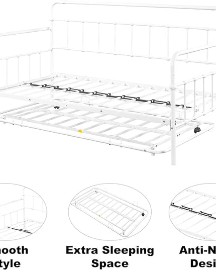 Twin Size Bed W/slats,Metal Frame Daybed with Trundle and Anti-Noise Design,Space-Saving & Easy to Install,for Living Room Bedroom Apartment,White - LeafyLoom