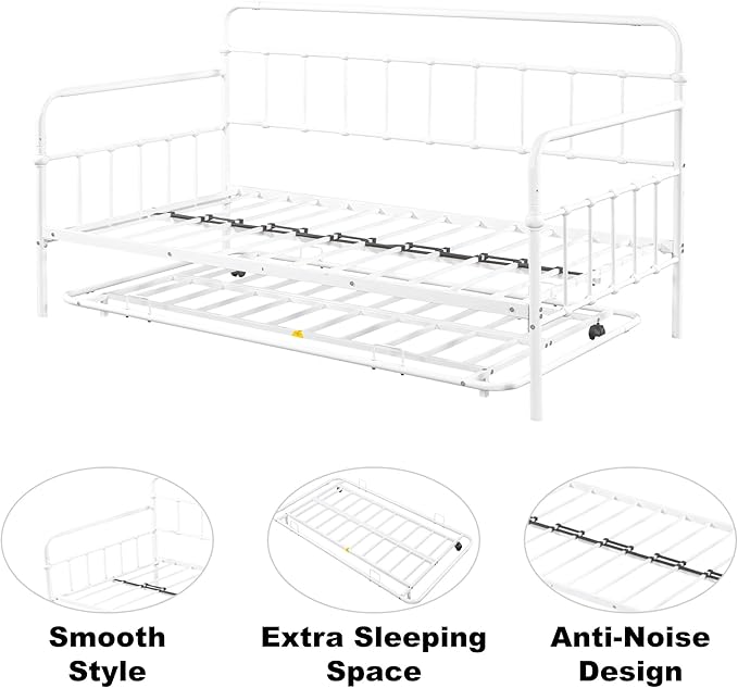 Twin Size Bed W/slats,Metal Frame Daybed with Trundle and Anti-Noise Design,Space-Saving & Easy to Install,for Living Room Bedroom Apartment,White - LeafyLoom