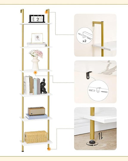 HOOBRO DIY Ladder Shelf, 6-Tier Wooden Wall Mounted Bookshelf, Narrow Gold Bookcase, Display Shelf, Storage Rack, Plant Stand, for Living Room, Bedroom, Study, Balcony, Marble and Gold DM651CJ01 - LeafyLoom
