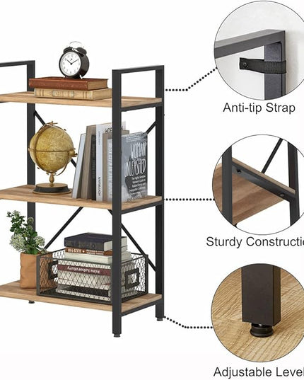 BON AUGURE Industrial 3 Tier Bookshelf, Rustic Small Book Shelves for Small Spaces, Short Wood Metal Etagere Bookcase for Living Room, Bedroom and Office (Vintage Oak) - LeafyLoom