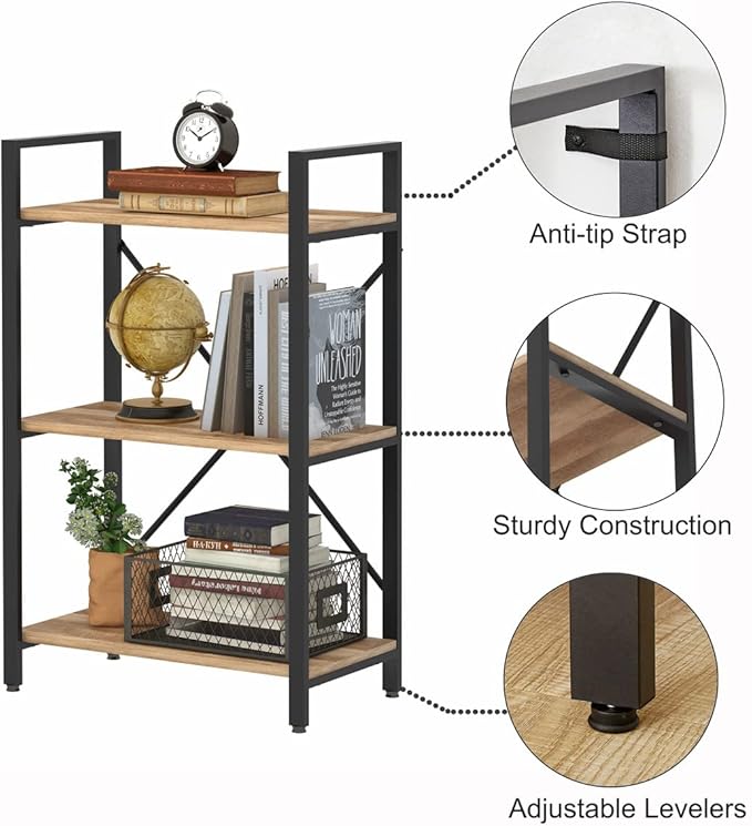BON AUGURE Industrial 3 Tier Bookshelf, Rustic Small Book Shelves for Small Spaces, Short Wood Metal Etagere Bookcase for Living Room, Bedroom and Office (Vintage Oak) - LeafyLoom