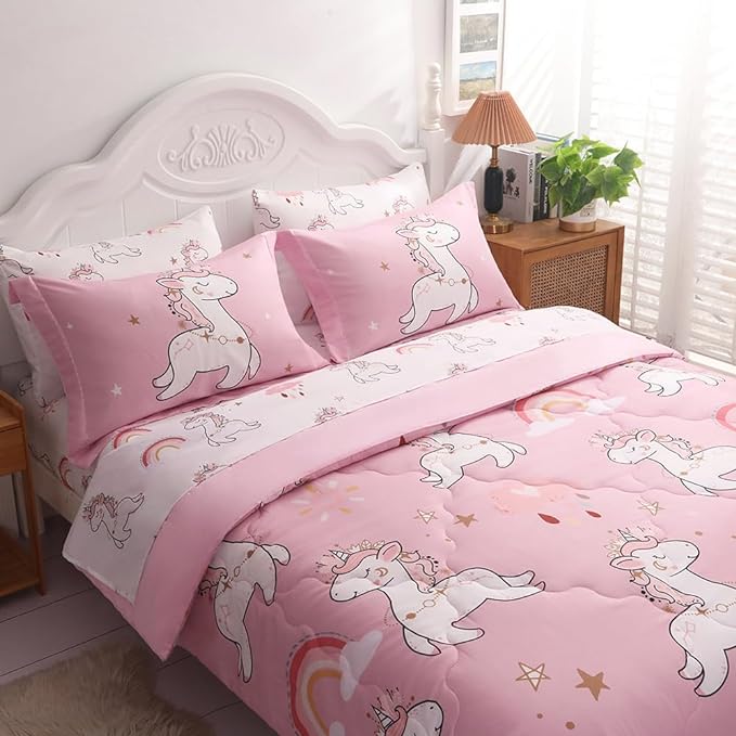 Wajade Kids Pink Unicorn Comforter Set Bed in A Bag Twin Size 7 Piece Cute Unicorn Rainbow Clouds Bedding Set for Girls (1 Comforter, 1 Flat Sheet, 1 Fitted Sheet, 2 Pillowcase and 2 Pillow Sham) - LeafyLoom