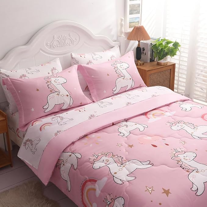 Wajade Kids Pink Unicorn Comforter Set Bed in A Bag Full Size 7 Piece Cute Unicorn Rainbow Clouds Bedding Set for Girls (1 Comforter, 1 Flat Sheet, 1 Fitted Sheet, 2 Pillowcase and 2 Pillow Sham) - LeafyLoom