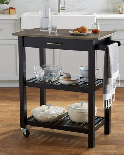 Amazon Basics 2 shelves Kitchen Island Cart with Storage, Solid Wood Top and Wheels, 35.4 x 18 x 36.5 inches, Gray-wash and Black - LeafyLoom