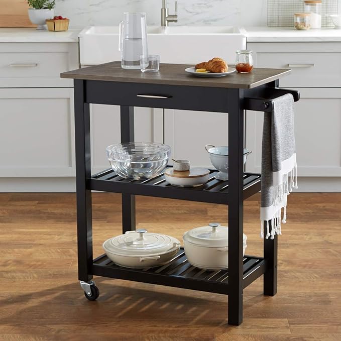 Amazon Basics 2 shelves Kitchen Island Cart with Storage, Solid Wood Top and Wheels, 35.4 x 18 x 36.5 inches, Gray-wash and Black - LeafyLoom