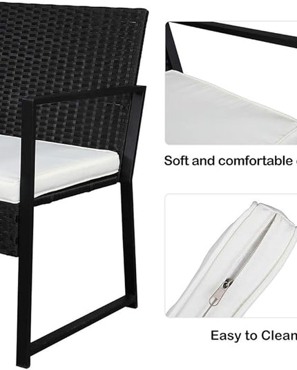 Outvita 3PCS Rattan Conversation Set, Outdoor Wicker Furniture Bistro Set 2 Chairs and Glass Top Table for Small Balcony Backyard Patio(Black) - LeafyLoom