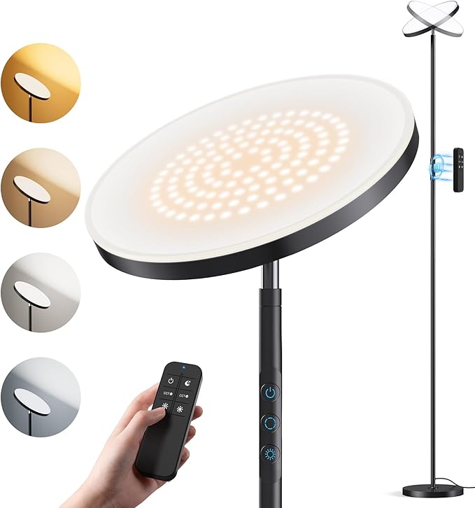 OHLUX Floor Lamp,36W/3000LM Sky LED Modern Torchiere 5 Color Temperatures Super Bright Floor Lamps, Dimmable Tall Standing Pole Light with Remote & Touch Control for Living Room,Bedroom,Office-Black - LeafyLoom