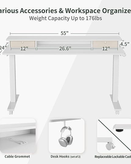 FEZIBO 55 x 24 Inch Height Adjustable Electric Standing Desk with Double Drawer, Stand Up Desk with Storage Shelf, Sit Stand Desk, White - LeafyLoom