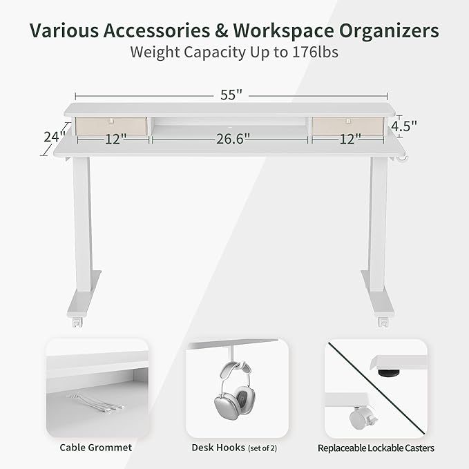 FEZIBO 55 x 24 Inch Height Adjustable Electric Standing Desk with Double Drawer, Stand Up Desk with Storage Shelf, Sit Stand Desk, White - LeafyLoom