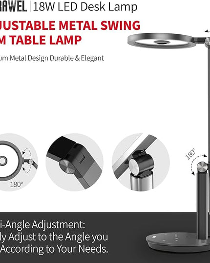 LED Desk Lamp for Home Office - Natural Eye-Caring Table Light, Adjustable Metal Swing Arm with 18W Dimmable Bright Reading Task Lampara Memory Function Black - LeafyLoom