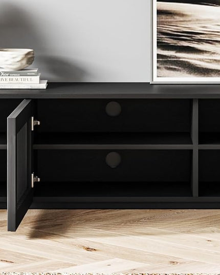 POVISON Mid Century Modern TV Stand, 59.06" Solid Wood Black Media Console for 55 inch TV, Full Assembled Entertainment Center with Storage for Living Room, Low Cabinet with Removable Shelves - LeafyLoom