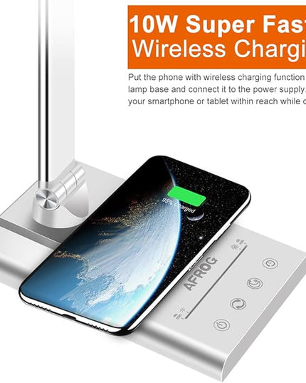 AFROG 5th Gen Multifunctional LED Desk Lamp with 10W Fast Wireless Charger, USB Charging Port,1800Lux Super Bright,5 Lighting Mode,7 Brightness, Touch Control, Auto Timer, 15W Office Table Lamp - LeafyLoom