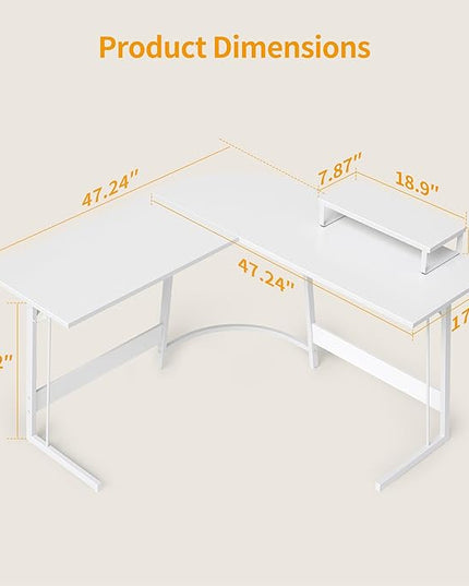 BANTI L Shaped Gaming Computer Office Desk, 47" Corner Desk with Monitor Stand for Home Office Study Writing Workstation, White - LeafyLoom
