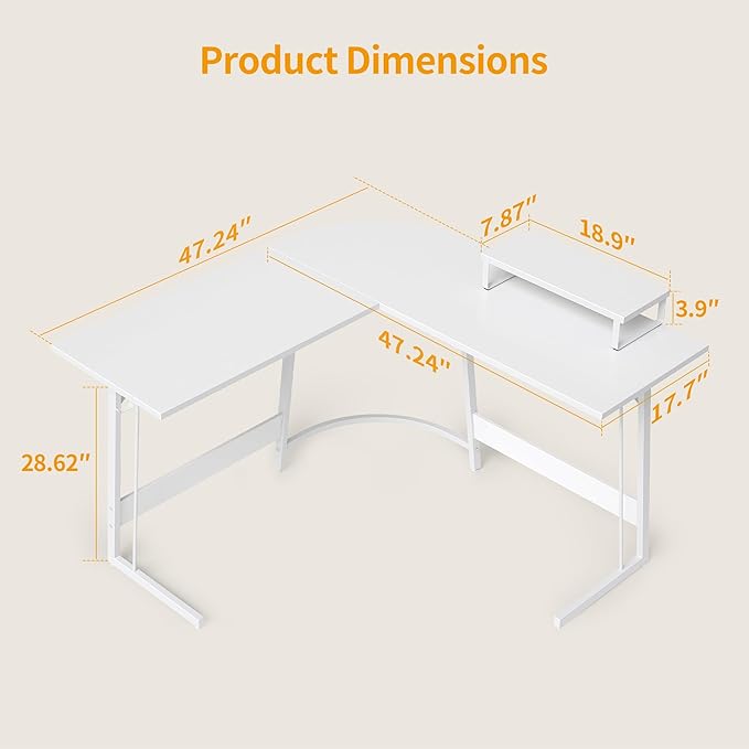 BANTI L Shaped Gaming Computer Office Desk, 47" Corner Desk with Monitor Stand for Home Office Study Writing Workstation, White - LeafyLoom