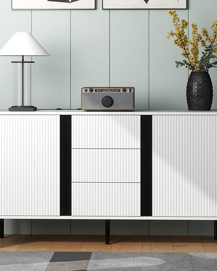 Wide Sideboard Buffet Cabinet Wood Farmhouse Storage Credenza, Coffee Bar Console Table for Kitchen, Dining, Living Room, Hallway, 55.1 x 15.6 x 31.5 in, White - LeafyLoom