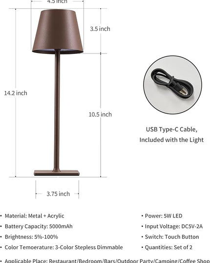 KDG 2 Pack Cordless Table Lamp,Portable LED Desk Lamp, 5000mAh Battery Operated, 3 Color Stepless Dimming Up, for Restaurant/Bedroom/Bars/Outdoor Party/Camping/Coffee Shop Night Light(Brown) - LeafyLoom