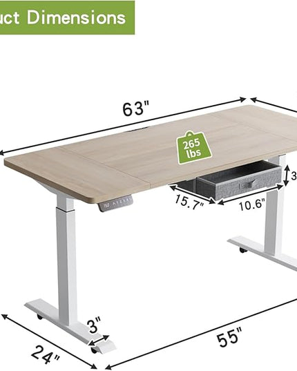 Radlove Dual Motors Height Adjustable 63 x 30'' Electric Standing Desk with Drawer Stand Up Table 4 Memory Keys, Computer Desk with Splice Board Home Office Desk, Oak Top + White Frame - LeafyLoom