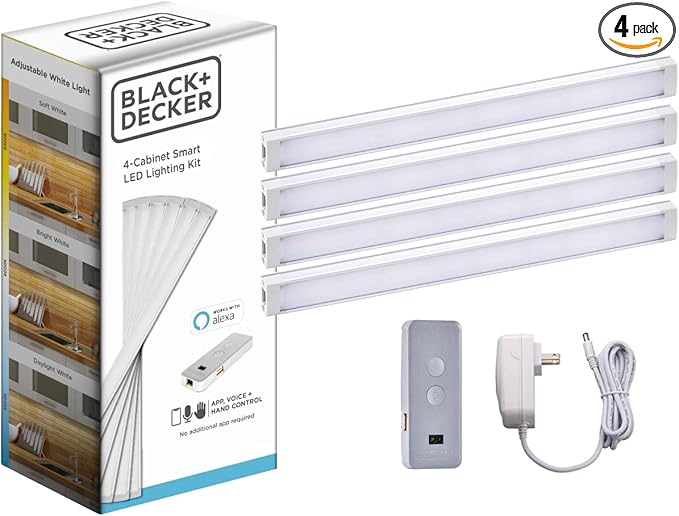 BLACK+DECKER Compatible with Alexa Smart LED Under Cabinet Lighting Kit, Motion Sensor, Dimmable , 3 Color Settings, For Kitchen, Cabinets and Closets, (4) 9" Bars, White, A Device BLACKDECKER