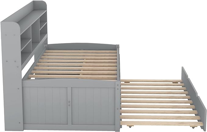 Twin Size Captain Bed with 3 Storage Drawers and Trundle, Wood Twin Bed Frame with Built-in Bookshelves for Kids Teens Adults, Light Gray - LeafyLoom
