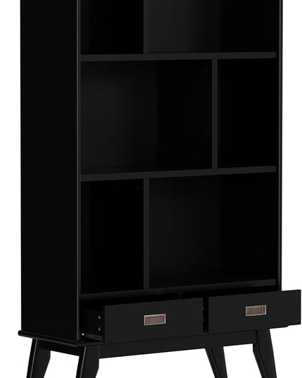 SIMPLIHOME Draper SOLID HARDWOOD 64 inch x 35 inch Mid Century Modern Wide Bookcase and Storage Unit in Black for The Living Room, Study Room and Office - LeafyLoom